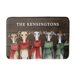 Fun Greyhound Dogs in Winter Scarves Bath Mat