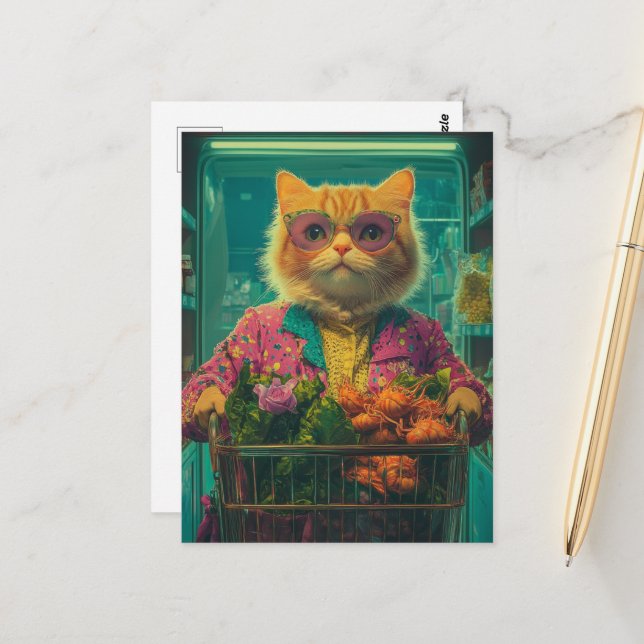 Fun Grocery Shopping Ginger Cat in Sunglasses Postcard (Front/Back In Situ)