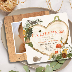 Fun Guy Wood Slice Mushroom Boy Photo 1st Birthday Invitation