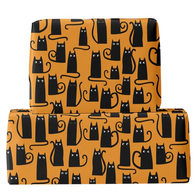Fun Halloween Black Cat Orange Wrapping Paper (Fun Halloween black cat orange pattern gift wrapping paper roll)