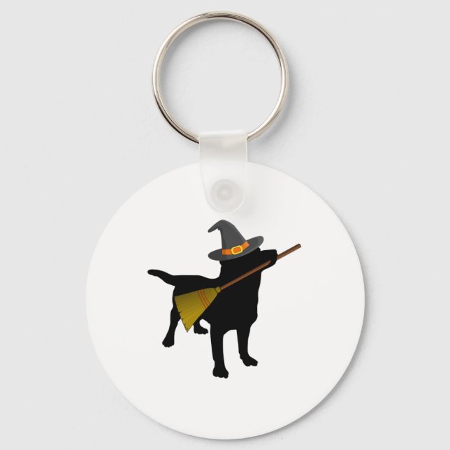 Fun Halloween Black Lab Dog Cute Witch Hat Broom  Key Ring (Front)