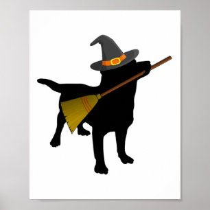 Fun Halloween Black Lab Dog Cute Witch Hat Broom Poster