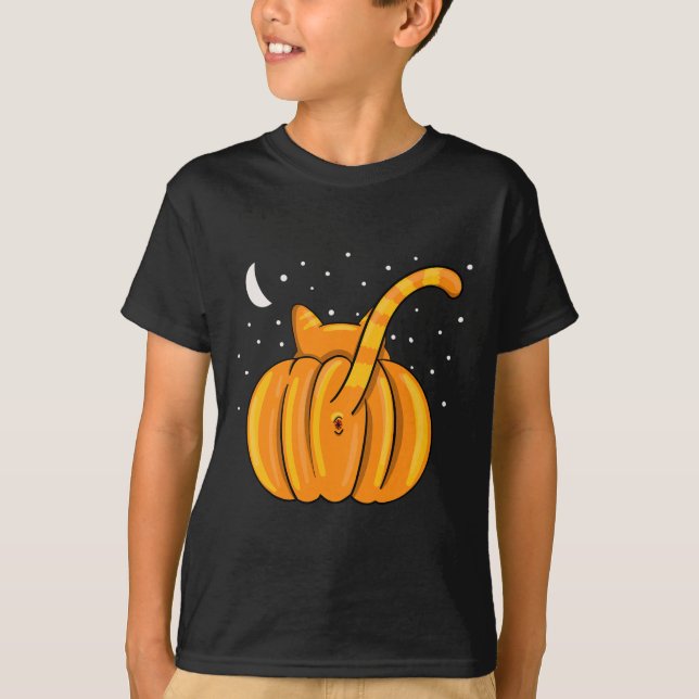 Fun Halloween Cat Butt Pumpkin Orange Tab T-Shirt (Front)