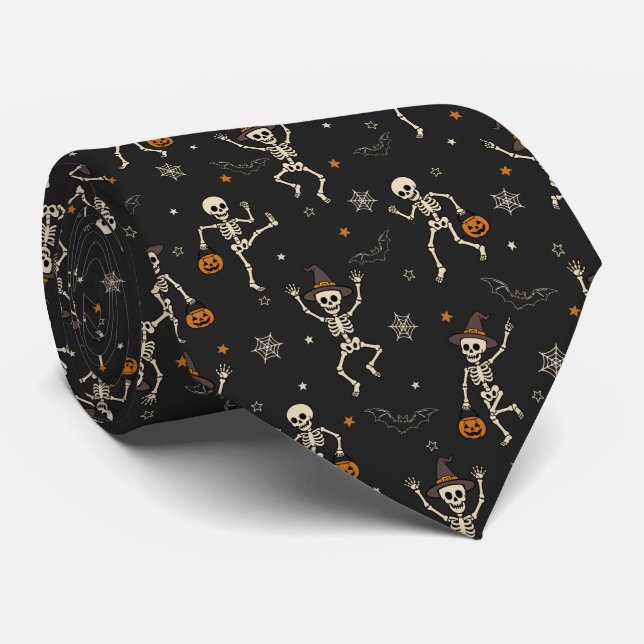 Fun Halloween Dancing Skeleton Pattern Black Tie (Rolled)