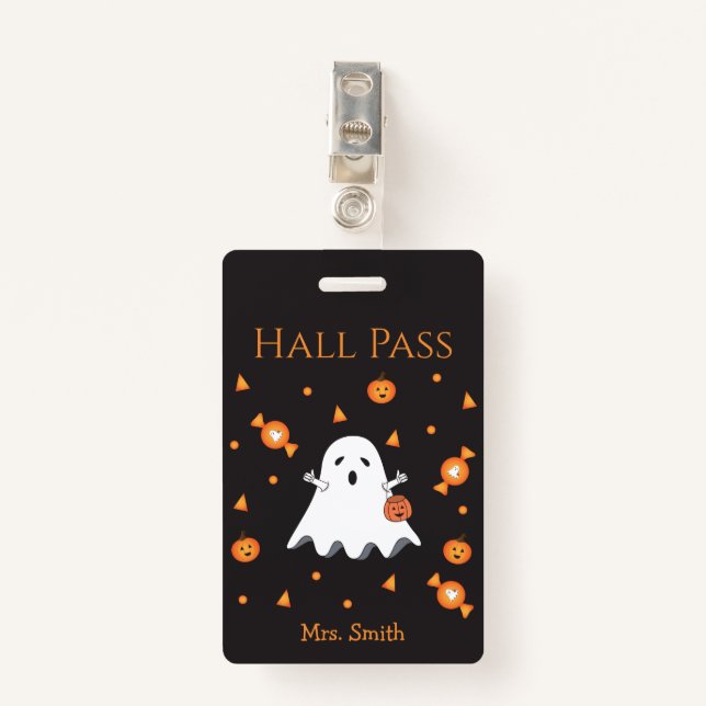 Fun Halloween Ghost Hall Pass ID Badge (Front with Clip)