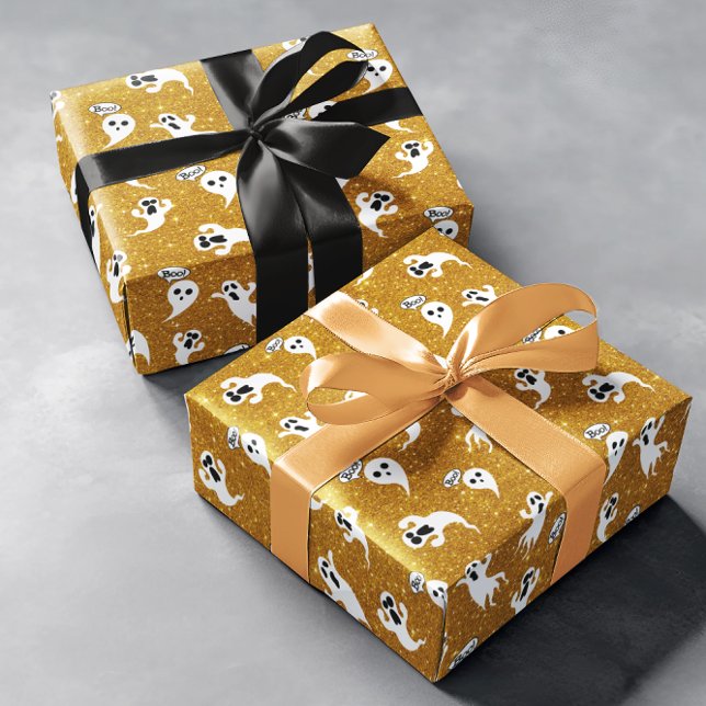 Fun Halloween Gold Glitter Ghosts Wrapping Paper (Creator Uploaded)