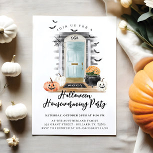 Fun Halloween Housewarming Party Blue Front Door Announcement