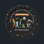 Fun Halloween Kids Costume Birthday Party Paper Plate<br><div class="desc">Halloween birthday tableware featuring a black background,  colourful star confetti,  cartoon fancy dress costume characters,  ghosts,  monsters etc. Personalise by adding your own name and age. Matching Halloween party items available in my store.</div>