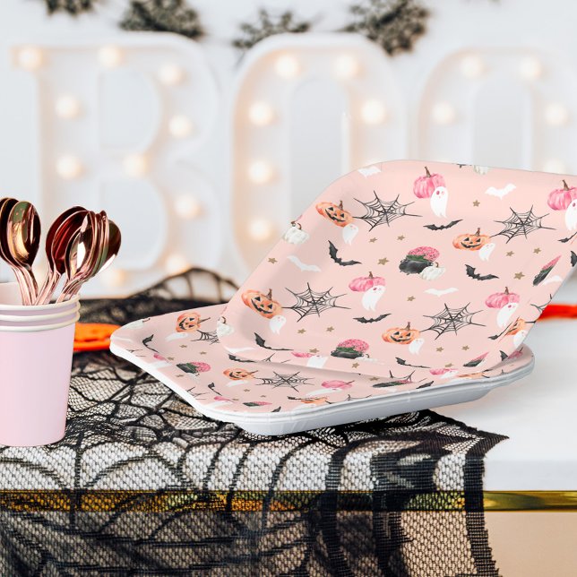 Fun Halloween Pink & Orange Pumpkin Spider Web Bat Paper Plate (Fun Halloween Pink & Orange Pumpkin Spider Web Bat Paper Plates)