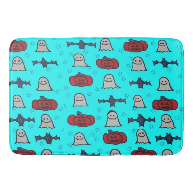 Fun Halloween Print on Blue  Bath Mat (Front)