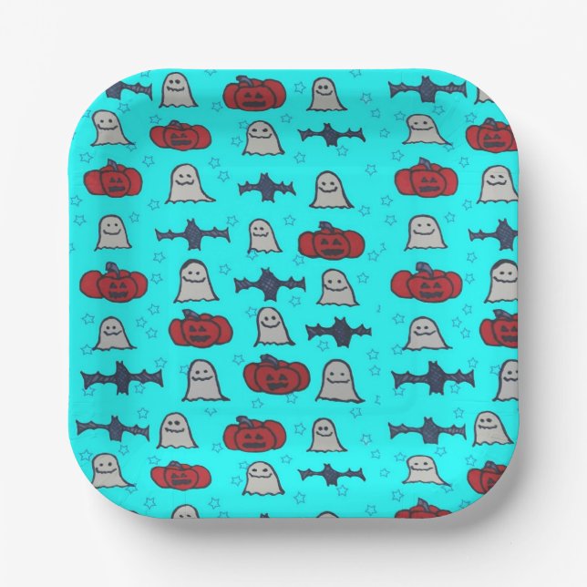 Fun Halloween Print on Blue  Paper Plate (Front)