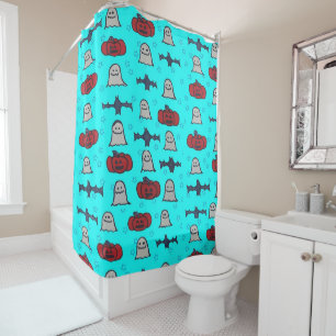 Fun Halloween Print on Blue Shower Curtain