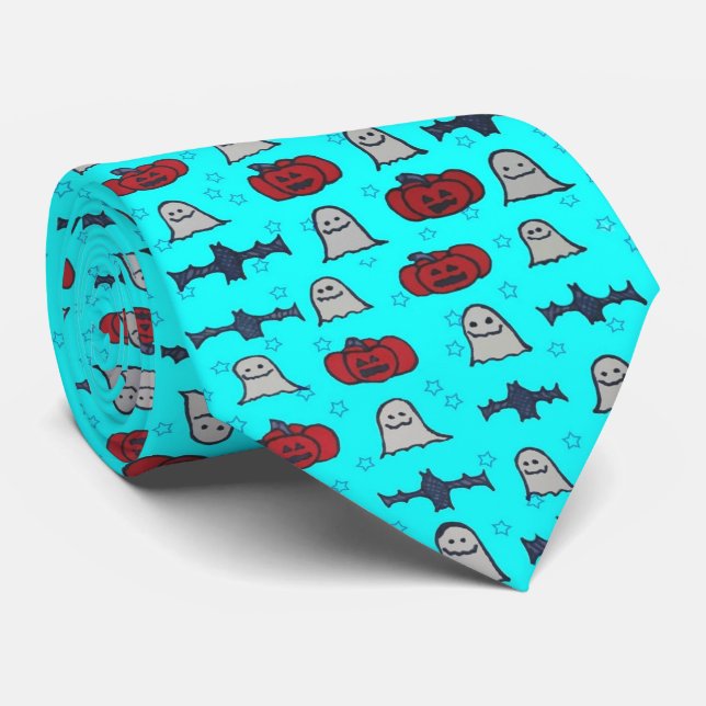 Fun Halloween Print on Blue  Tie (Rolled)