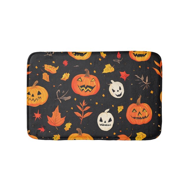 Fun Halloween Pumpkin and Leaves Print Bath Mat (Front)