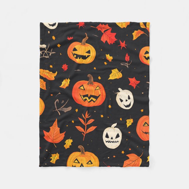 Fun Halloween Pumpkin and Leaves Print Fleece Blanket (Front)