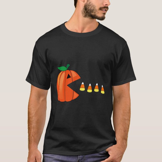 Fun Halloween Pumpkin Eating Candy Corn  T-Shirt (Front)