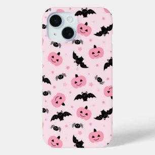 Fun Halloween Pumpkins and Bat Pattern iPhone 15 Case