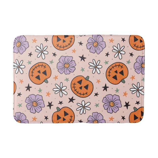 Fun Halloween Pumpkins and Flowers Pattern Bath Mat (Front)