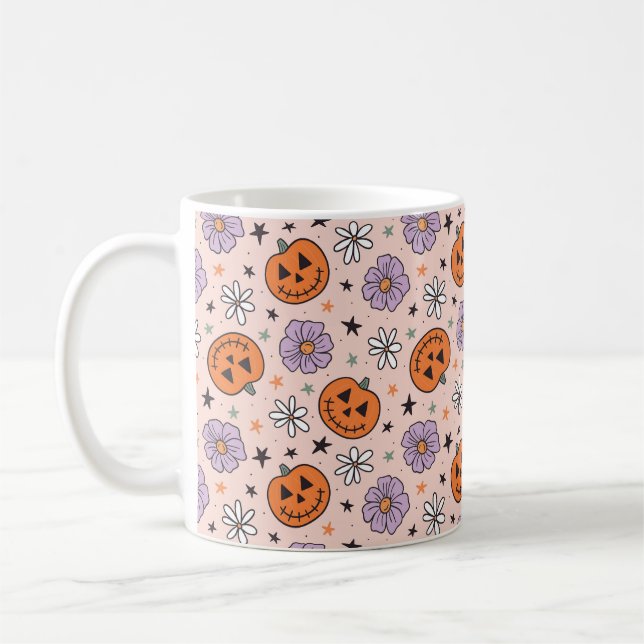 Fun Halloween Pumpkins and Flowers Pattern Coffee Mug (Left)