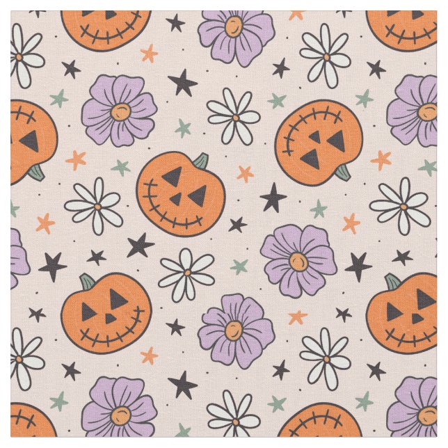 Fun Halloween Pumpkins and Flowers Pattern Fabric (Close Up)