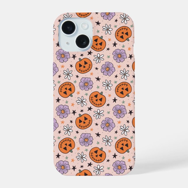 Fun Halloween Pumpkins and Flowers Pattern iPhone 15 Case (Back)