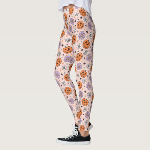 Fun Halloween Pumpkins and Flowers Pattern Leggings