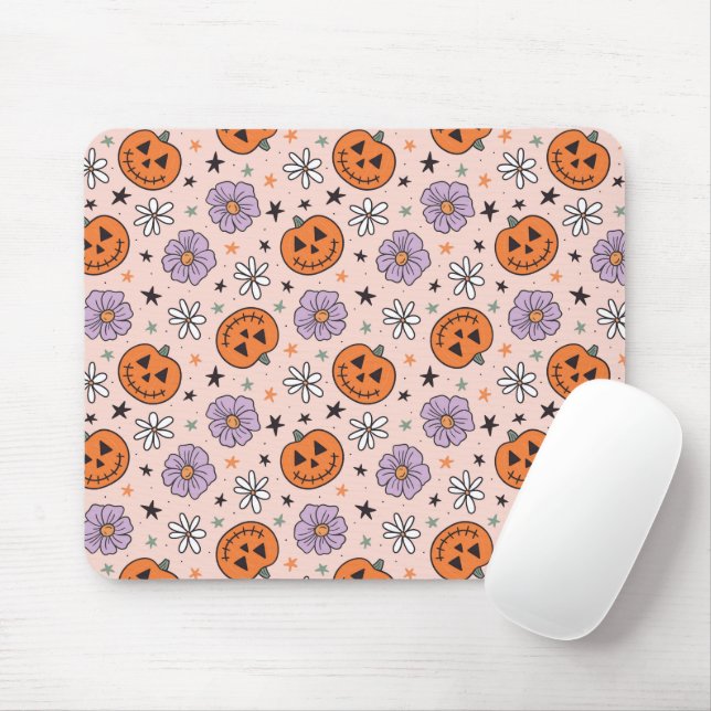 Fun Halloween Pumpkins and Flowers Pattern Mouse Pad (With Mouse)