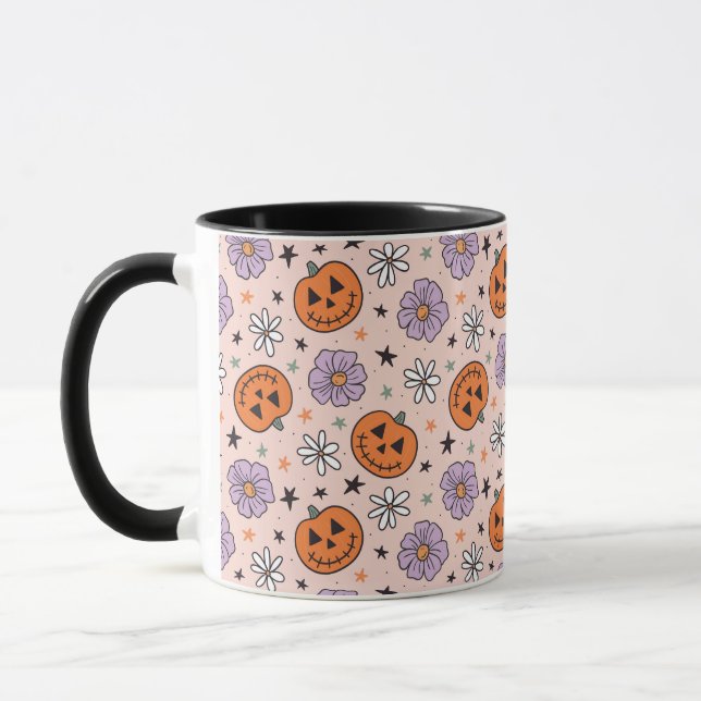 Fun Halloween Pumpkins and Flowers Pattern Mug (Left)