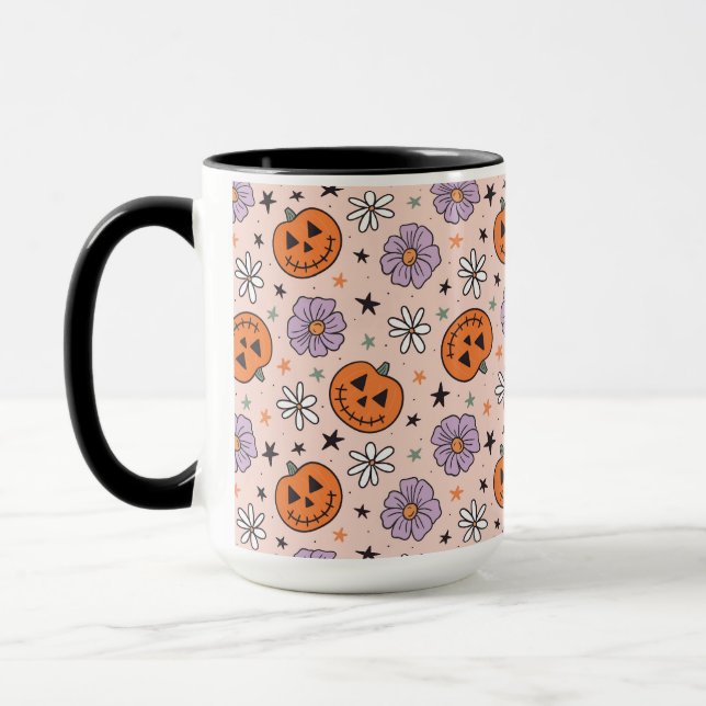 Fun Halloween Pumpkins and Flowers Pattern Mug (Left)