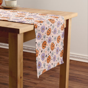 Fun Halloween Pumpkins and Flowers Pattern Short Table Runner