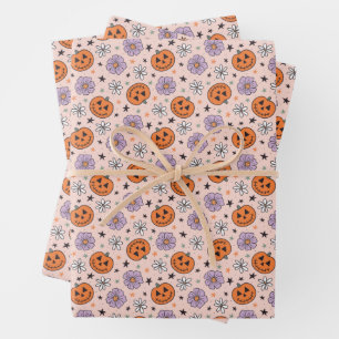 Fun Halloween Pumpkins and Flowers Pattern Wrapping Paper Sheet