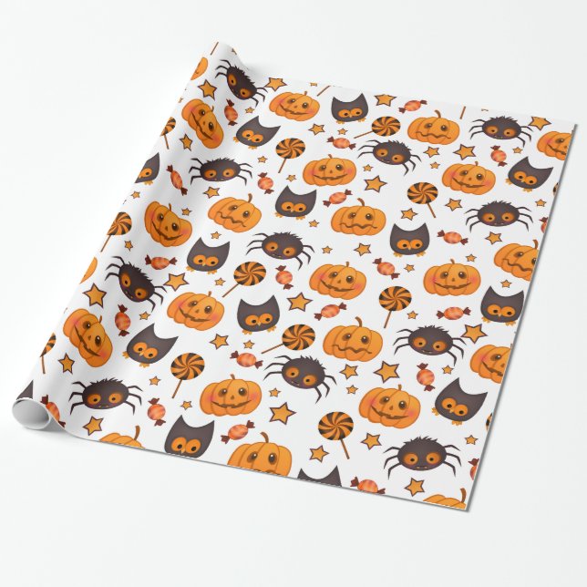 Fun Halloween Pumpkins Pattern Illustration Wrapping Paper (Unrolled)
