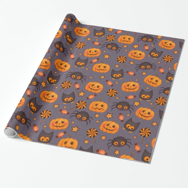 Fun Halloween Pumpkins Pattern Purple Background Wrapping Paper (Unrolled)