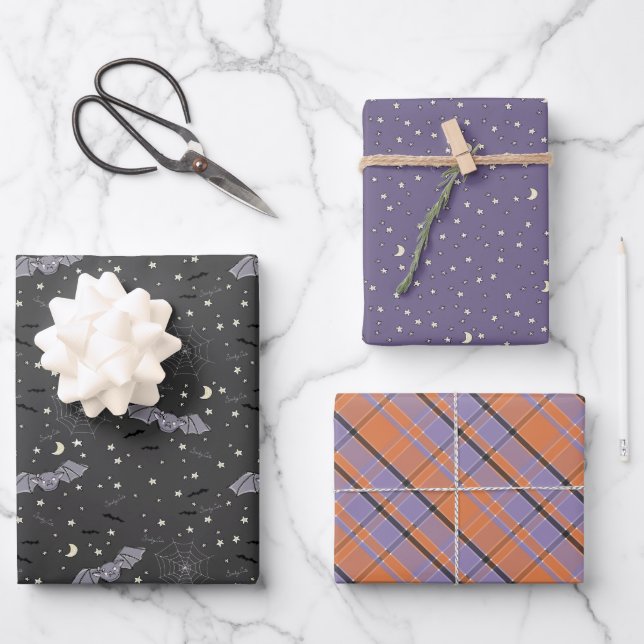 Fun Halloween Purple and Black Pattern Wrapping Paper Sheet (Front)