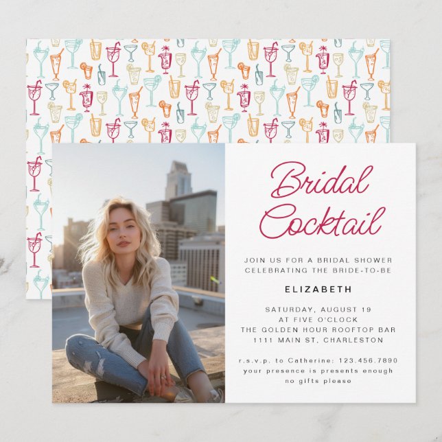 Fun Hand Drawn Cocktail Photo Bridal Shower Party  Invitation (Front/Back)