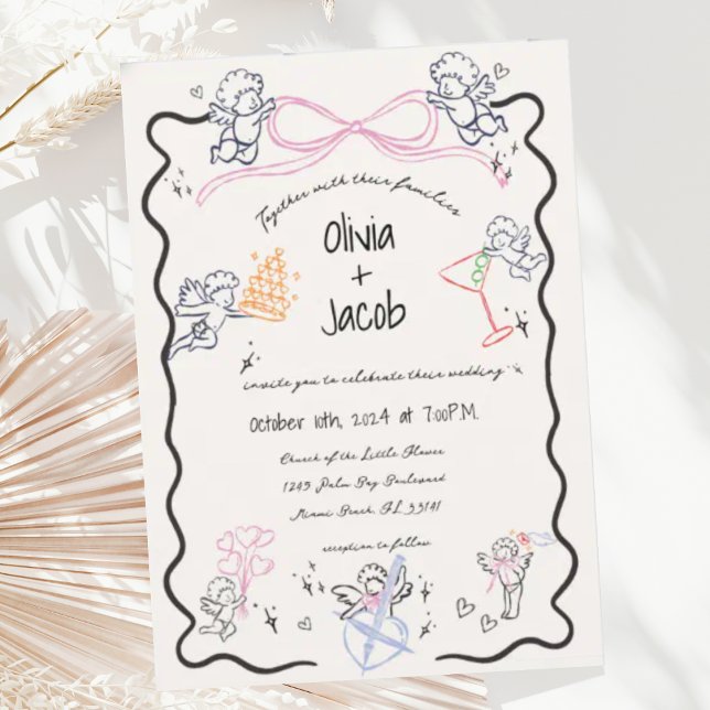 Fun Hand Drawn Cupid Bow Scribble Wavy Wedding Invitation (Creator Uploaded)