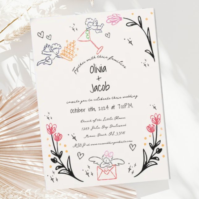 Fun Hand Drawn Cupid Wildflower Scribble Wedding Invitation (Creator Uploaded)