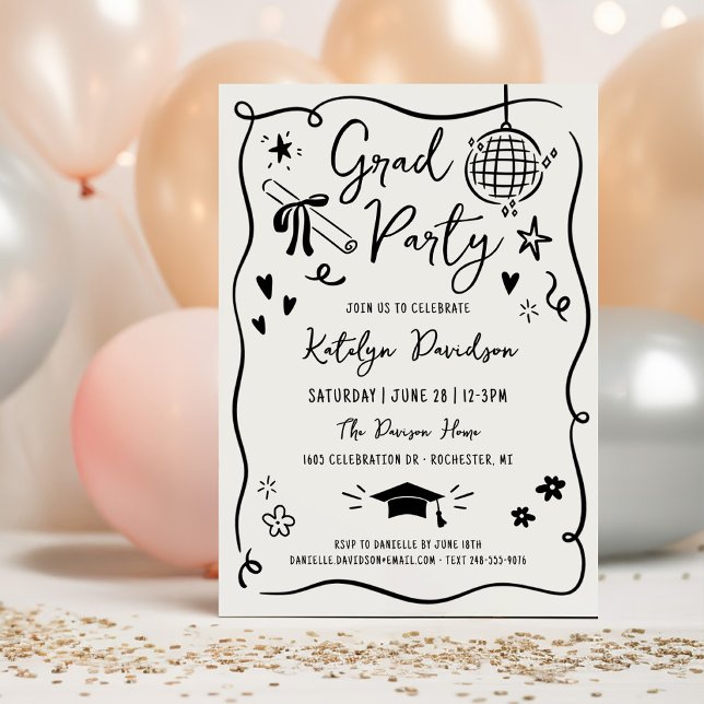 Fun Hand Drawn Doodle Grad Party Invitation (Creator Uploaded)