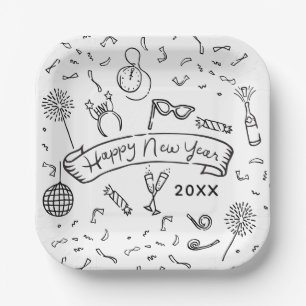 Fun, hand-illustrated Happy New Year motifs Paper Plate