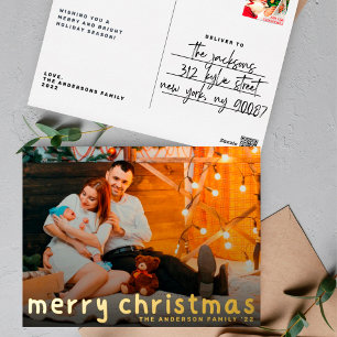 FUN hand written   Merry Christmas Gold Photo Foil Holiday Postcard