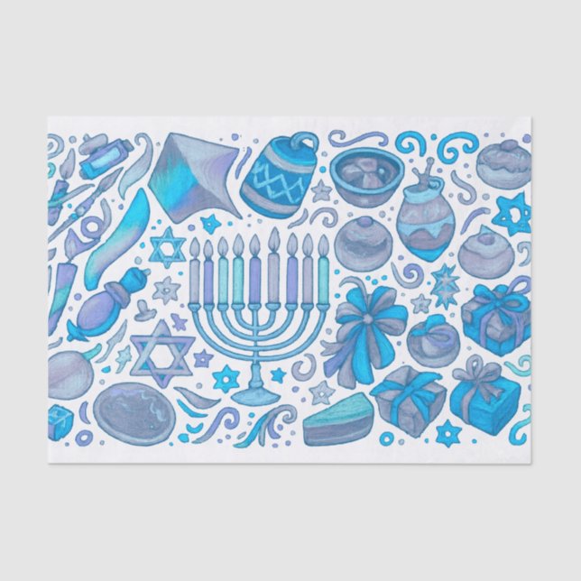 Fun Hanukkah Motifs All Blue Tissue Paper (Front)