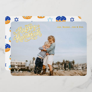 Fun Hanukkah Stars & Jelly Doughnut Patterned Gold Foil Holiday Card