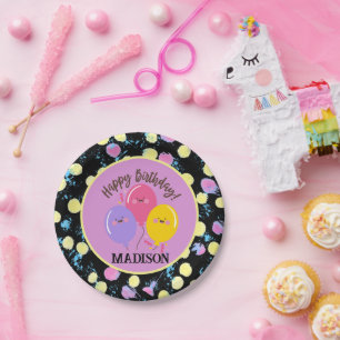 Fun Happy Birthday Custom Name Balloons Confetti Paper Plate