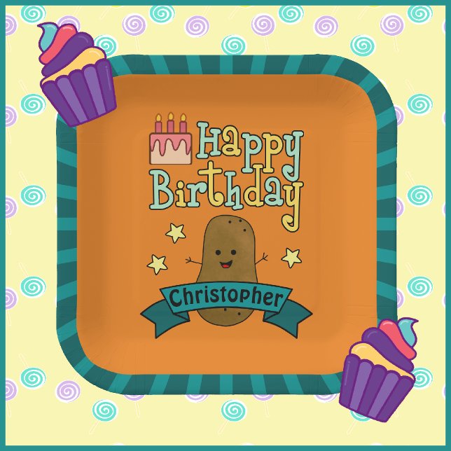 Fun Happy Birthday Potato Personalised Paper Plate (Adorable potato personalized birthday paper plates.)