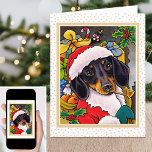 Fun Happy Christmas Santa Dog Dachshund Holiday Card<br><div class="desc">It's time to get festive with this fun Santa Dog notecard! Featuring a cute little Daschund with a Santa hat and a sack full of presents. The greeting and message inside can be personalised,  so you can make it truly unique. Size: Small,  4" x 5.6"</div>