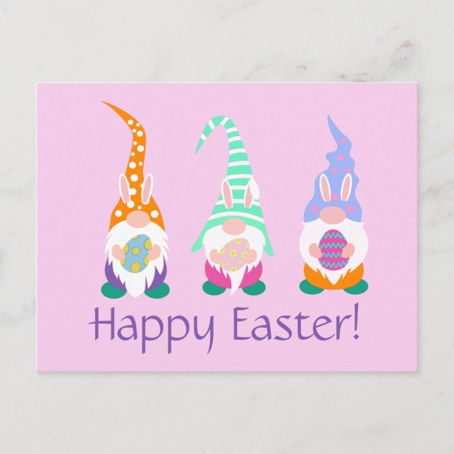 Fun Happy Easter Gnomes Bunny Ears Spring Pink Postcard (Front)