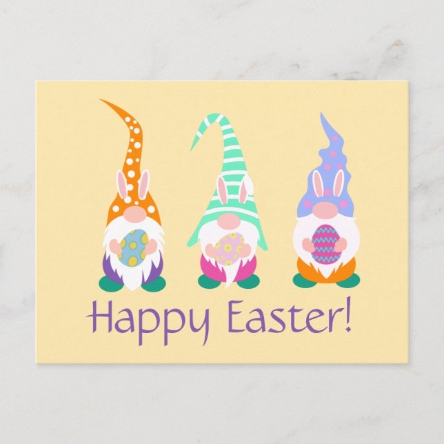 Fun Happy Easter Gnomes Bunny Ears Spring Yellow Postcard (Front)