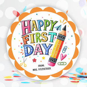 Fun Happy First Day Of School Pencil  Classic Round Sticker