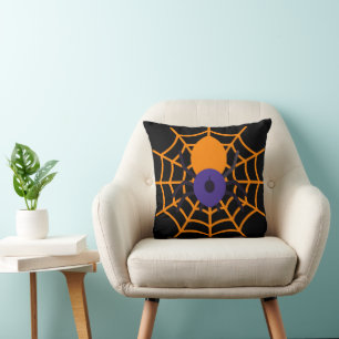 Fun Happy Halloween Black & Orange Spider Web Cushion