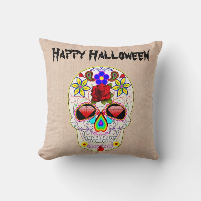 Fun Happy Halloween Floral Sugar Skull Cushion (Front)